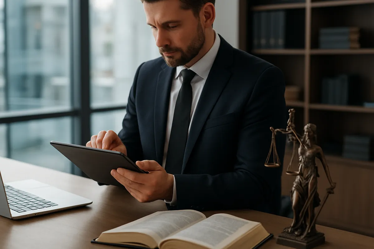 Ambiente de escritório com documentos e tecnologia relacionados à advocacia.